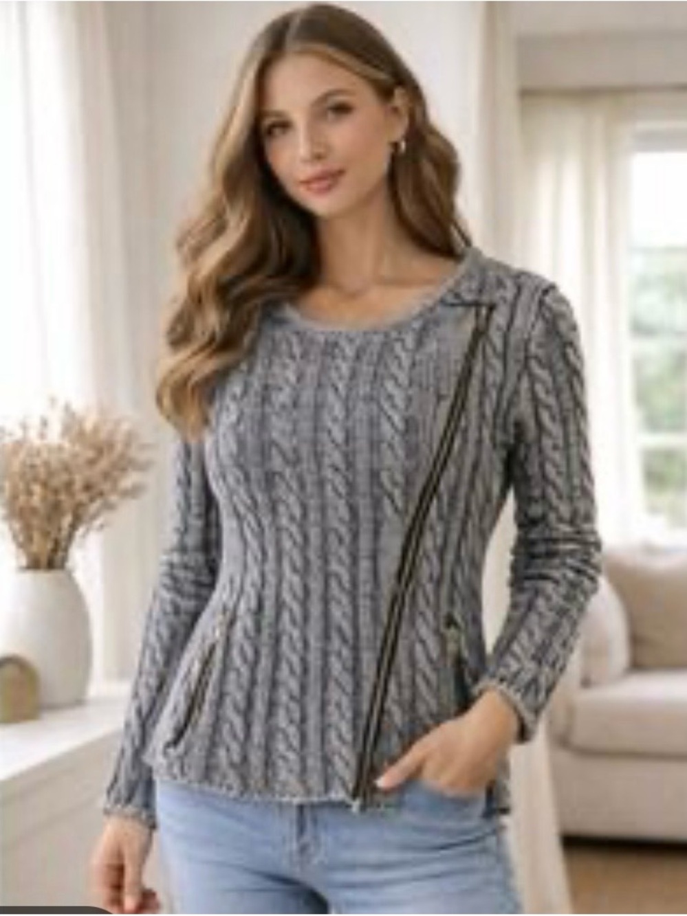 Tulle Women’s Gray Washed Cable‎ Knit Asymmetric Zip Moto Style Sweater Sz L~NWT